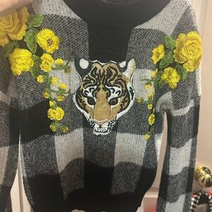 Chic Black and Gray Sweater with Yellow Floral Embroidery
